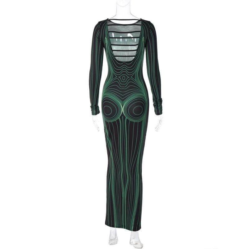 Long sleeve round neck contrast abstract print maxi dress