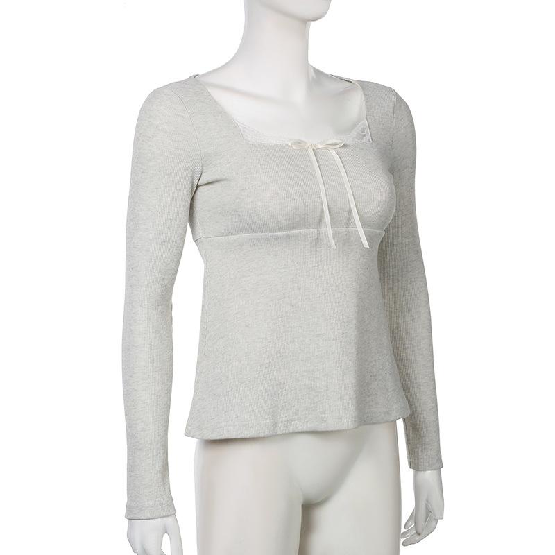 Long sleeve lace hem bowknot ribbed top