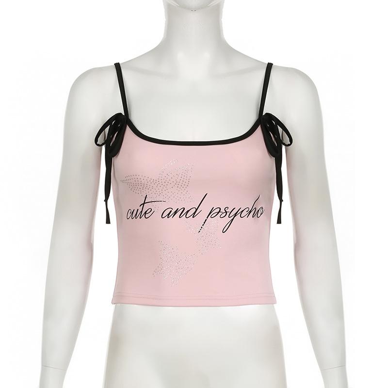 U neck beaded letter print bowknot cami top