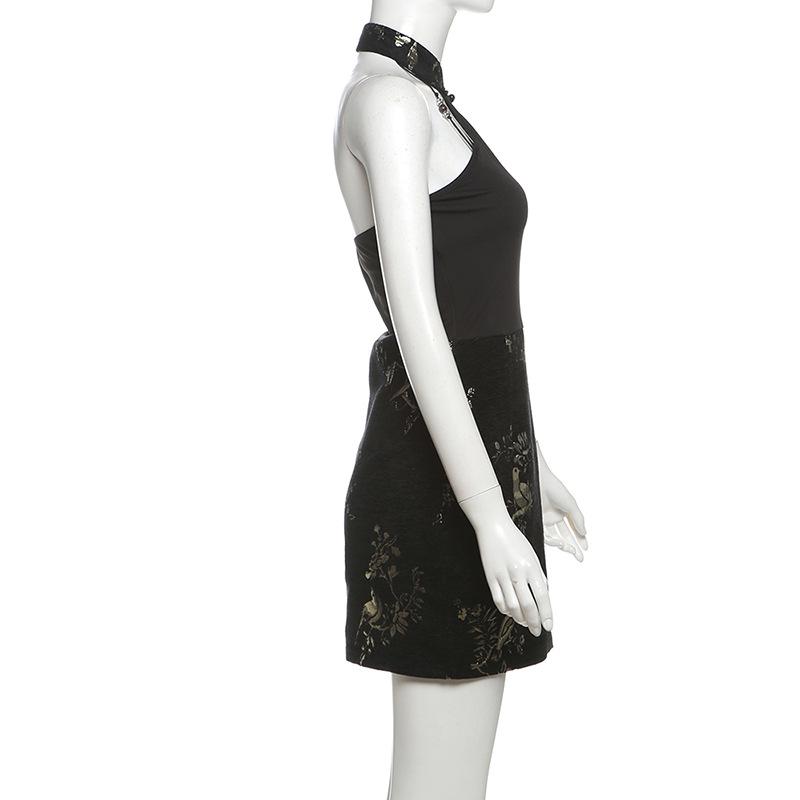 Halter print backless beaded button mini dress