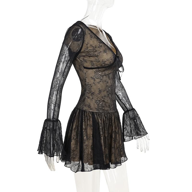 V neck long sleeve lace bowknot mini dress