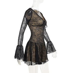 V neck long sleeve lace bowknot mini dress