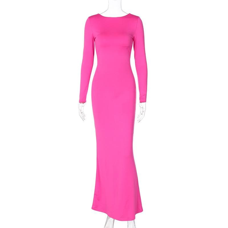 Long sleeve backless lace up ruched solid maxi dress  | red tango dress