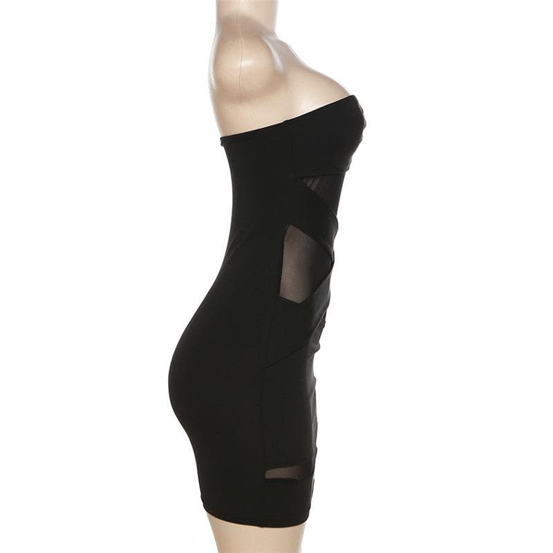 Cross front solid mesh backless patchwork tube mini dress  | black rave dress  | black rave dress