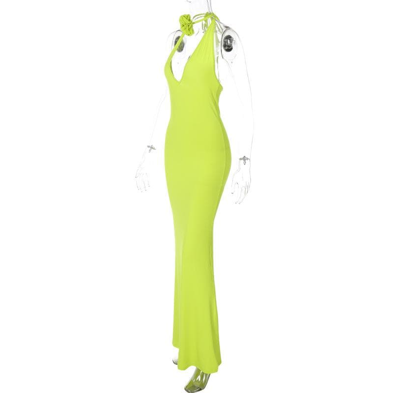 Solid v neck halter backless flower applique self tie maxi dress  | red tango dress