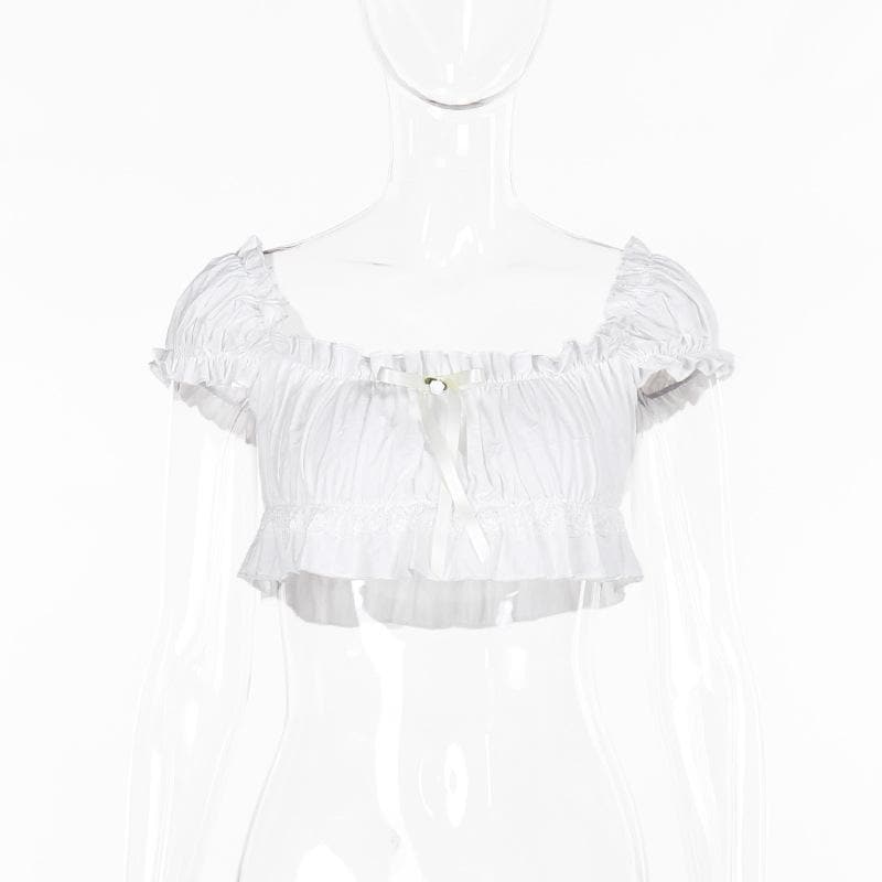 Short puff sleeve ruched ruffle bowknot crop top