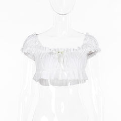 Short puff sleeve ruched ruffle bowknot crop top