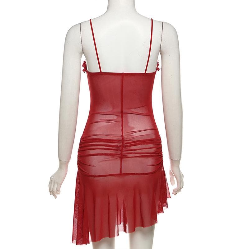 Ruched ruffle slit sheer mesh hollow out cami mini dress  | red tango dress  | samba dress
