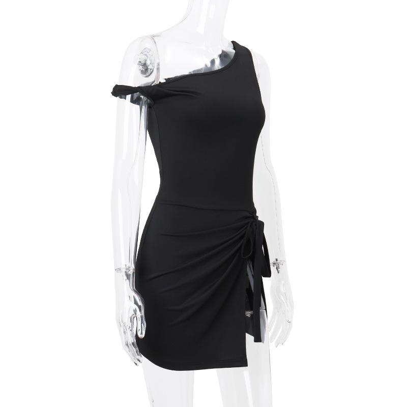 One shoulder knotted high slit ruched mini dress