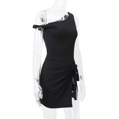 One shoulder knotted high slit ruched mini dress