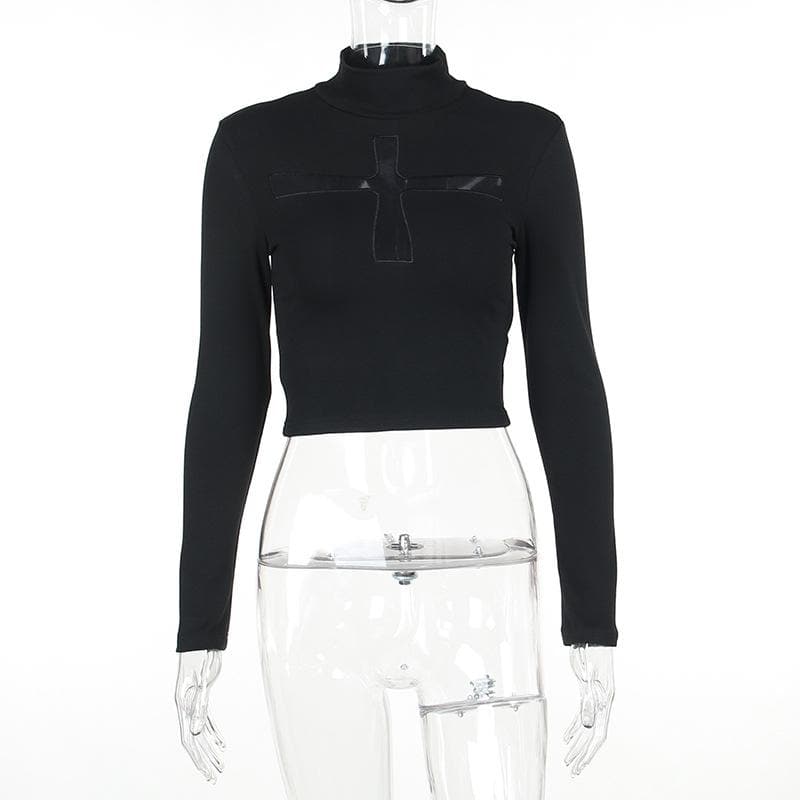 Long sleeve high neck cross pattern mesh solid top