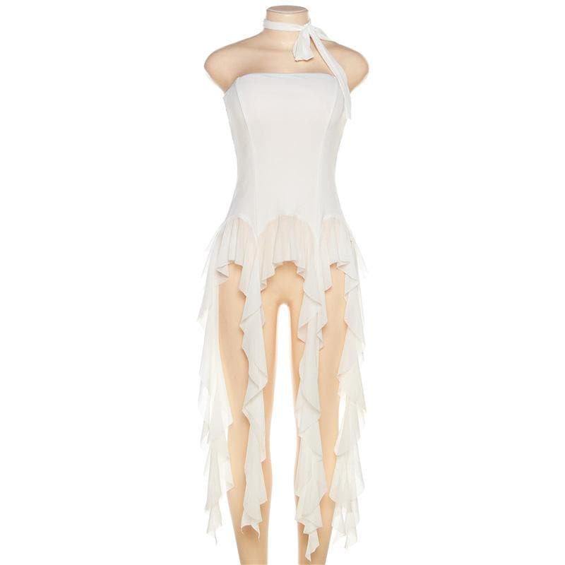 Ruffle mesh stitch self tie solid backless tube top