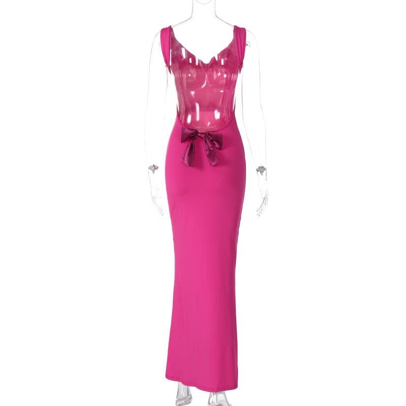 Cowl neck bowknot sleeveless backless solid maxi dress  | red tango dress
