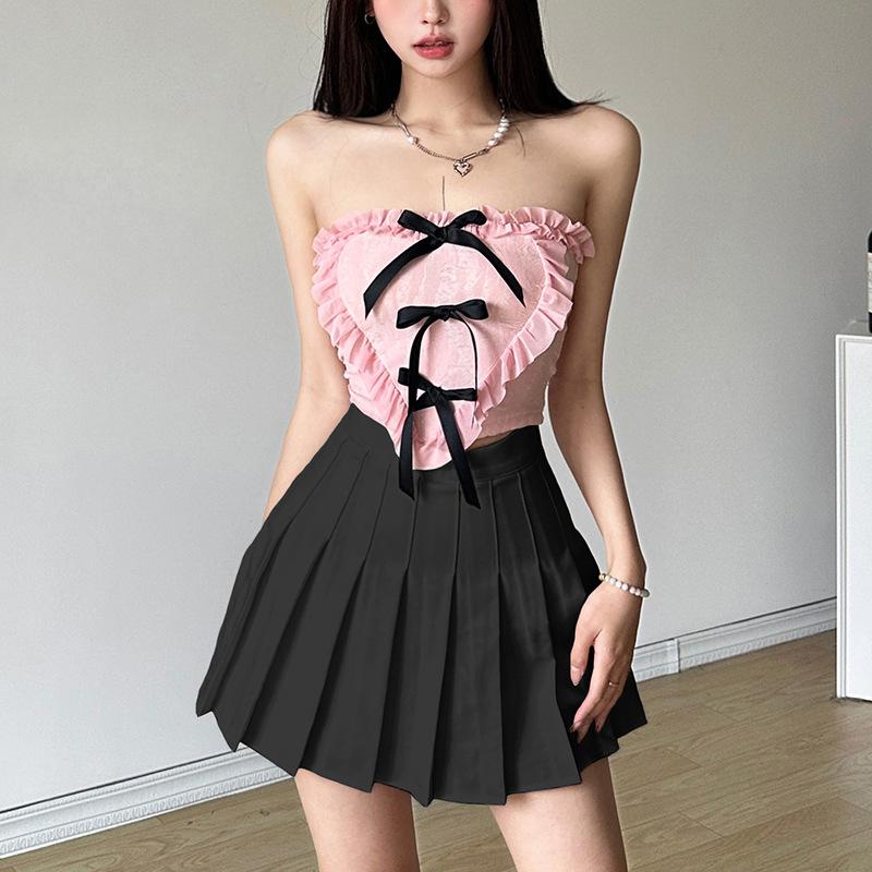 Heart pattern ruffle bowknot textured tube top