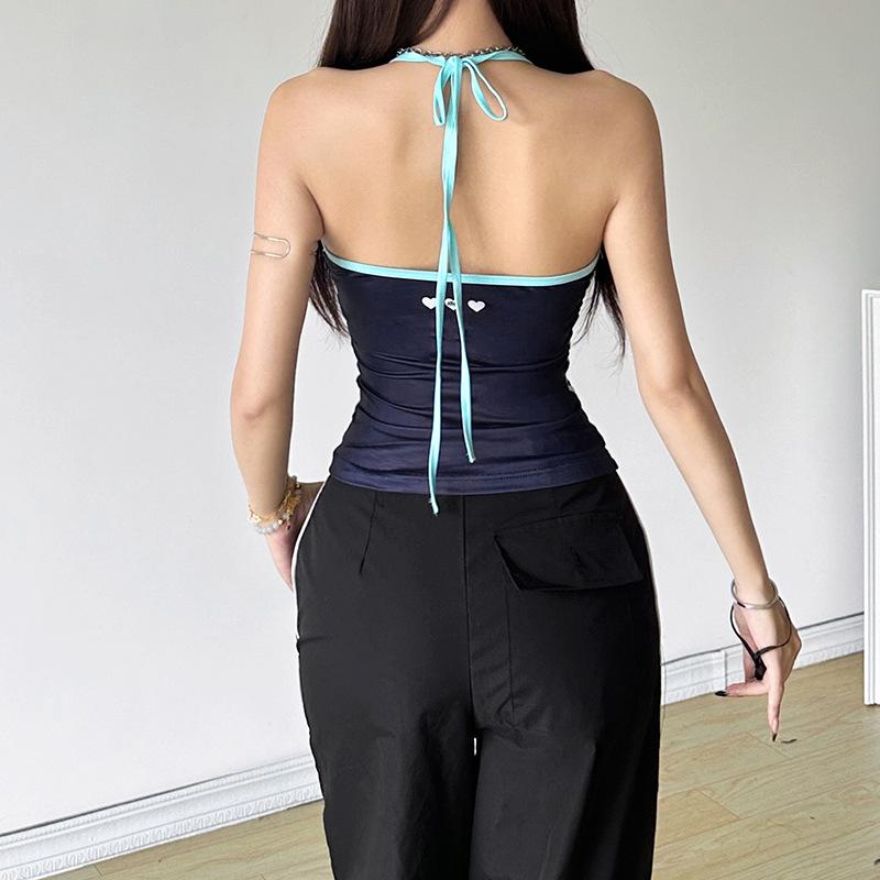 Halter self tie letter pattern backless contrast top
