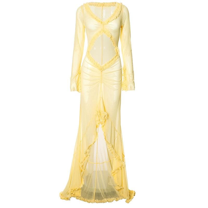 Long sleeve ruffle hollow out v neck sheer mesh cut out maxi dress  | samba dress