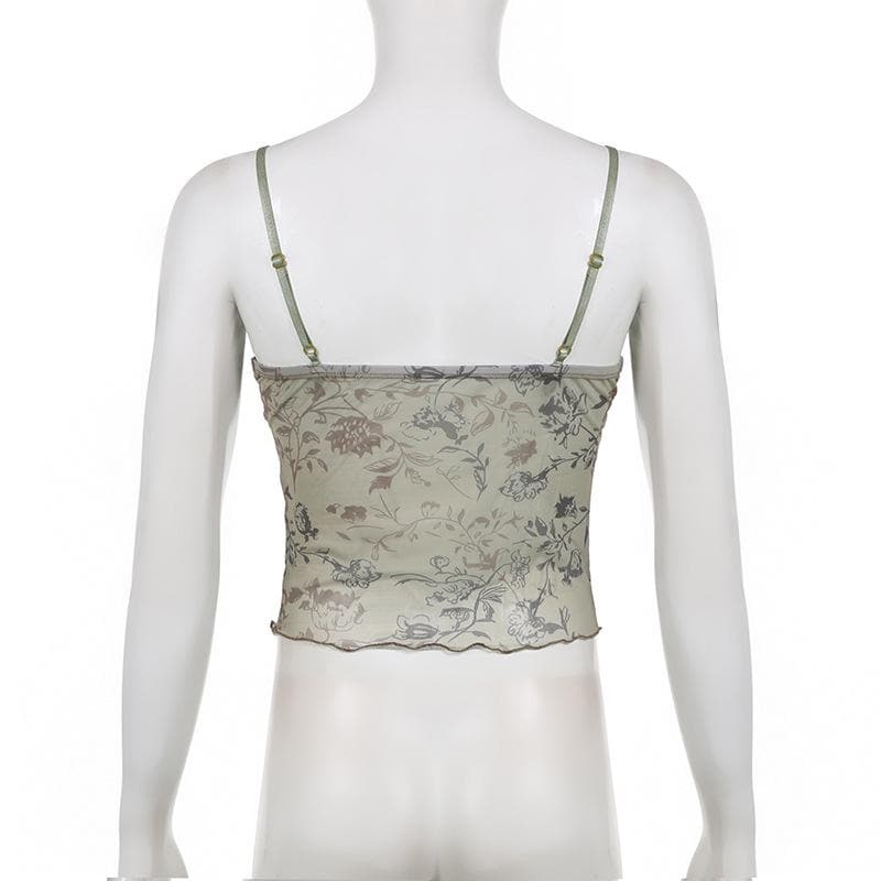 Sheer mesh see through flower print v neck lace hem cami crop top