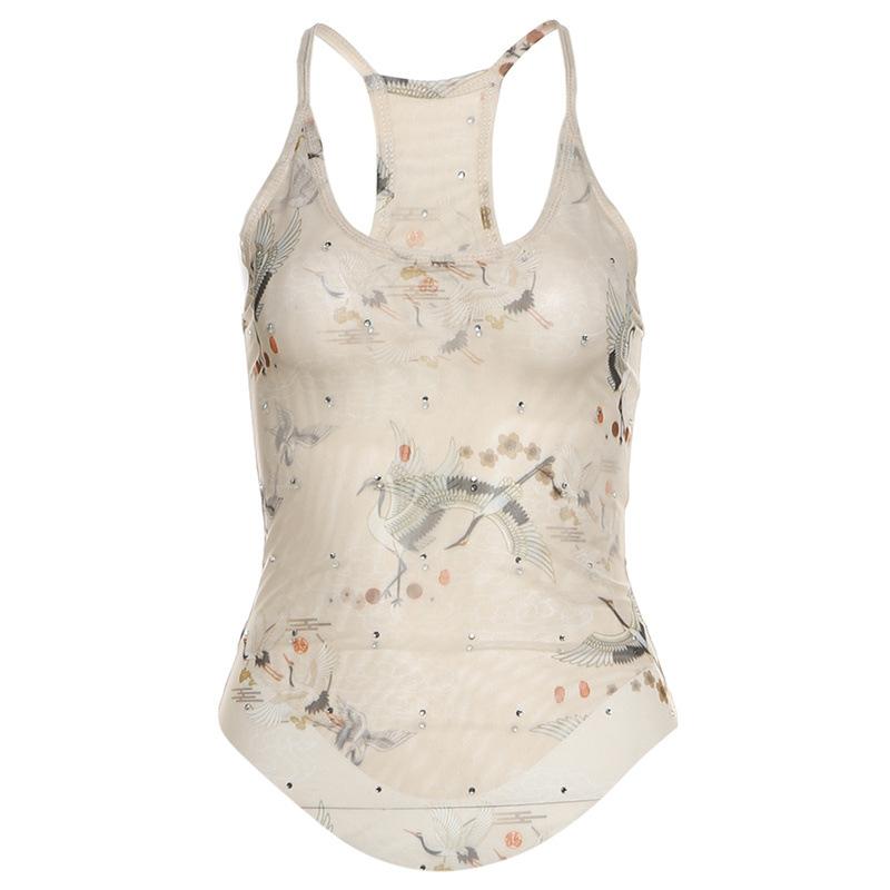 U neck sheer mesh print beaded tank top