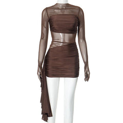 Long sleeve mesh patchwork ruched mini dress