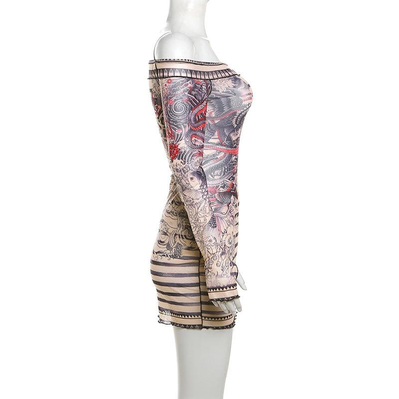 Stitch sheer mesh see through abstract off shoulder mini dress  | samba dress