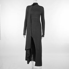 Long sleeve slit high neck solid maxi dress