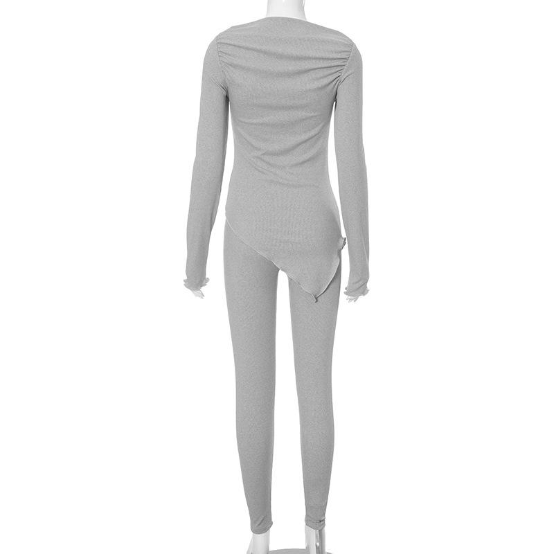 Long sleeve irregular ruched solid pant set