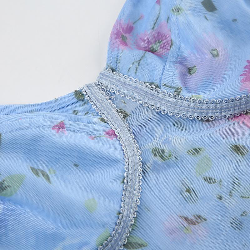 Mesh flower print stitch bustier lace hem cami top