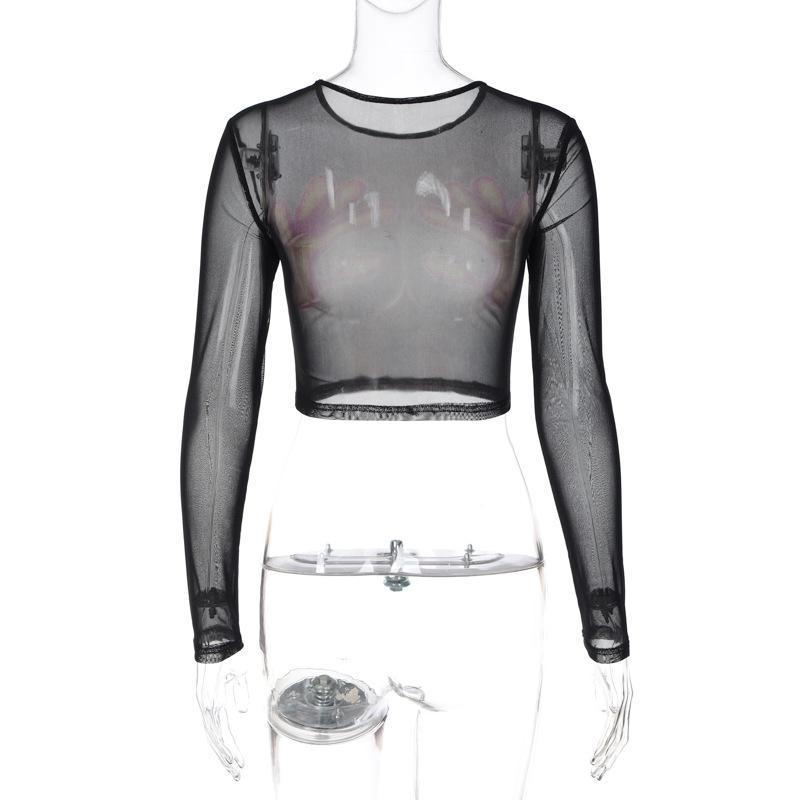 Long sleeve thermal palm print sheer mesh see through crop top