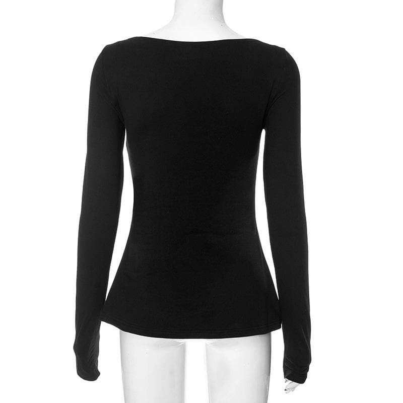 Long sleeve v neck buckle low cut solid crop top