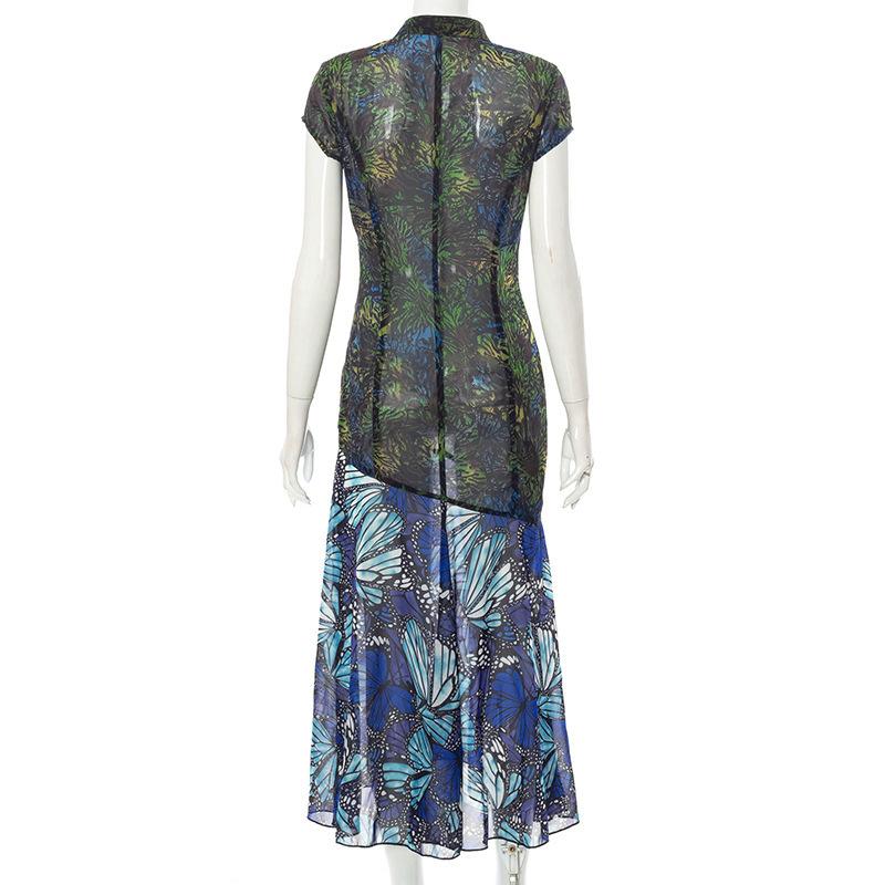 Short sleeve hollow out slit butterfly print see through midi dress