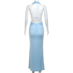 Halter deep v neck ruched backless maxi dress