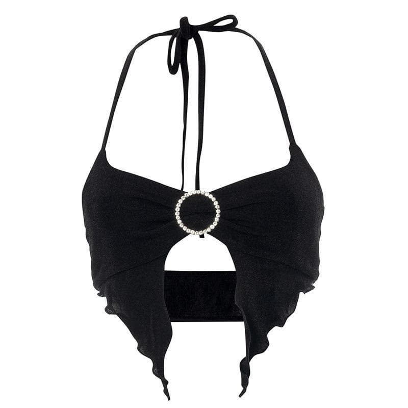 Ruffled metal ring halter cop top
