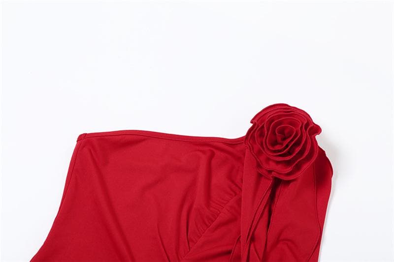 One shoulder flower applique ruched ruffle solid backless mini dress  | red tango dress