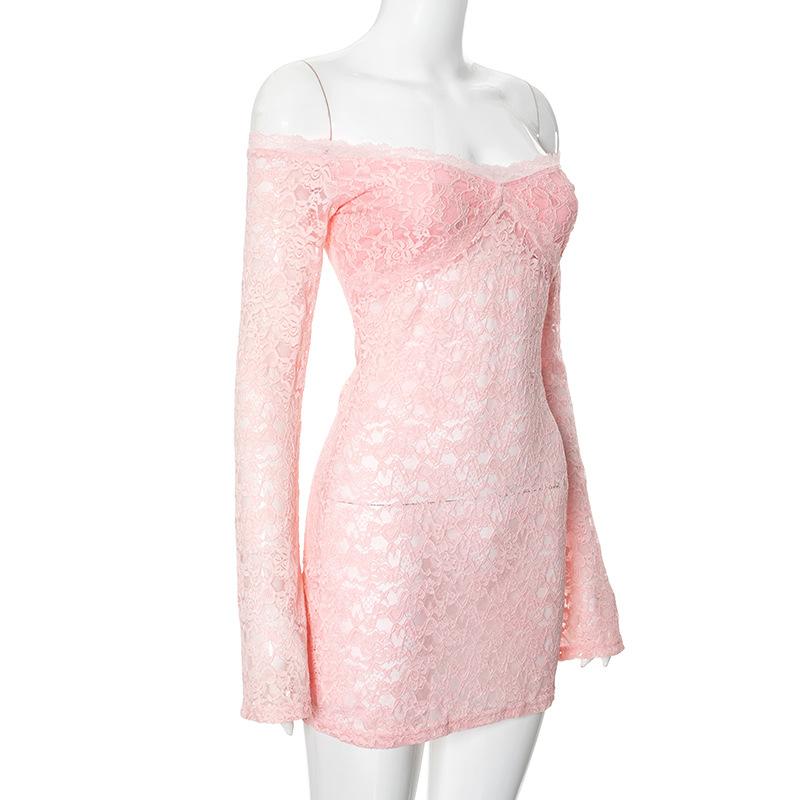 Long flared sleeve off shoulder lace see through mini dress  | red tango dress