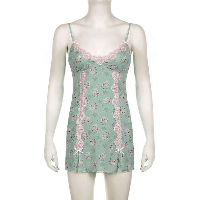 Lace hem bowknot print mesh slit cami mini dress