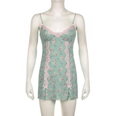 Lace hem bowknot print mesh slit cami mini dress