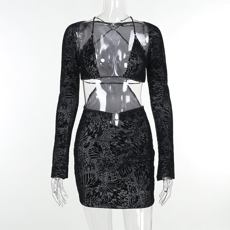Long sleeve butterfly print o ring 2 piece mini dress