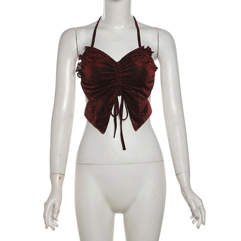 Halter ruched drawstring glitter cami top