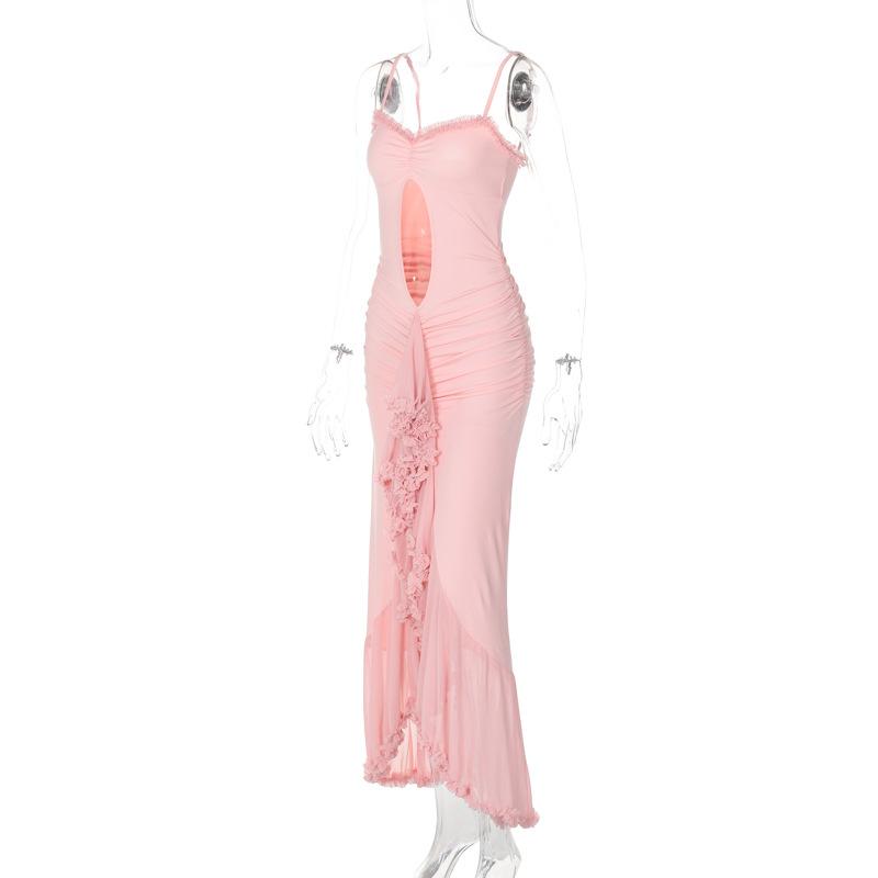 Ruffle high slit ruched hollow out cami maxi dress