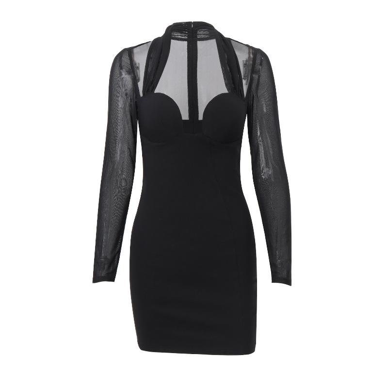 Long sleeve halter mesh zip-up mini dress