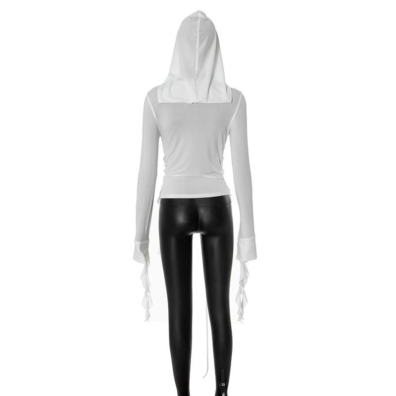 Hoodie long sleeve tassels self tie top