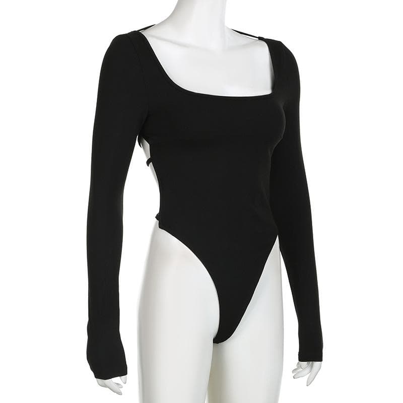 Square neck solid long sleeve backless cross back bodysuit