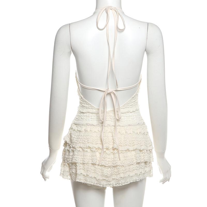 Halter self tie see through v neck hollow out mini dress