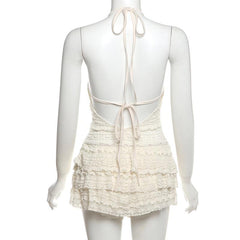 Halter self tie see through v neck hollow out mini dress