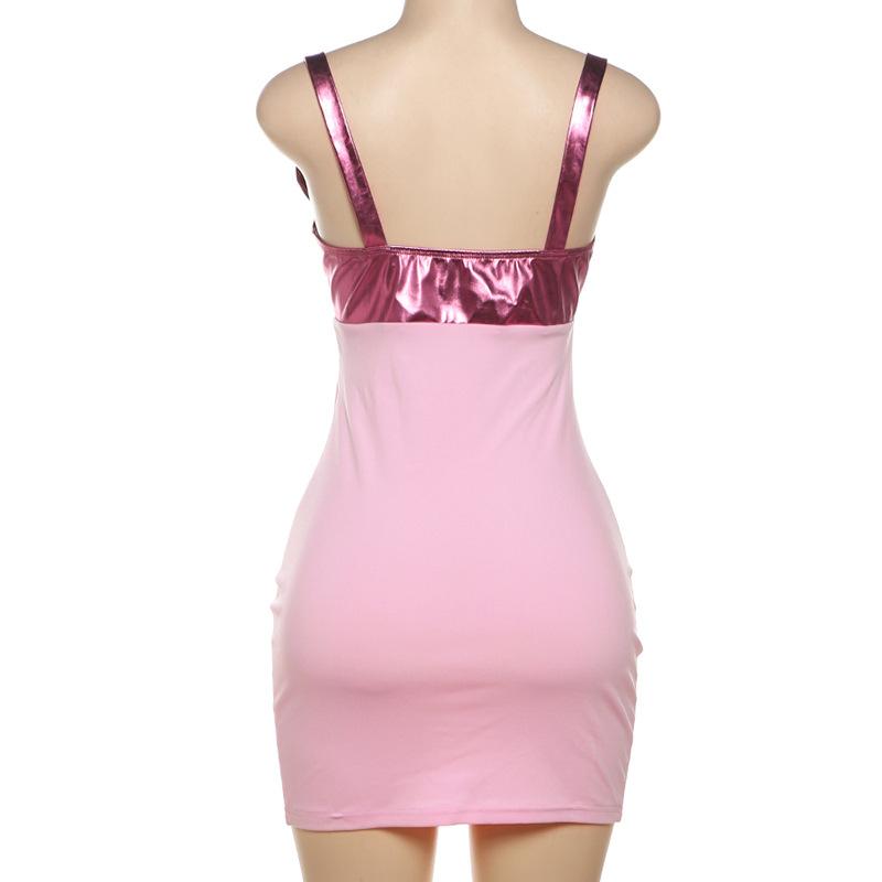 Hollow out metallic patchwork backless cami mini dress