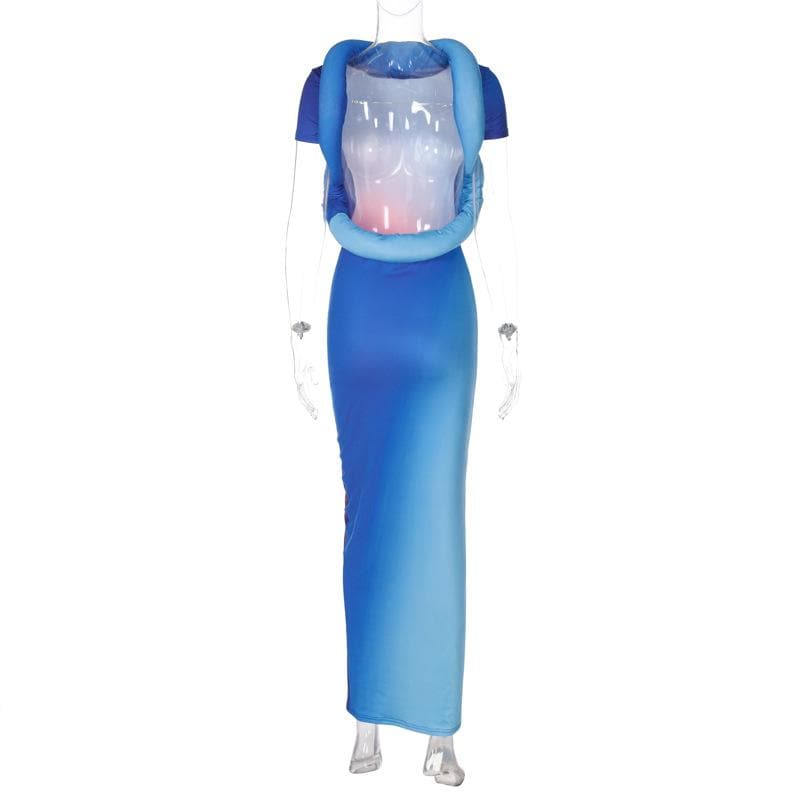 Short sleeve gradient backless maxi dress