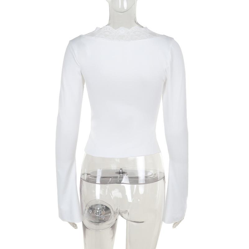 Long sleeve v neck lace hem button top