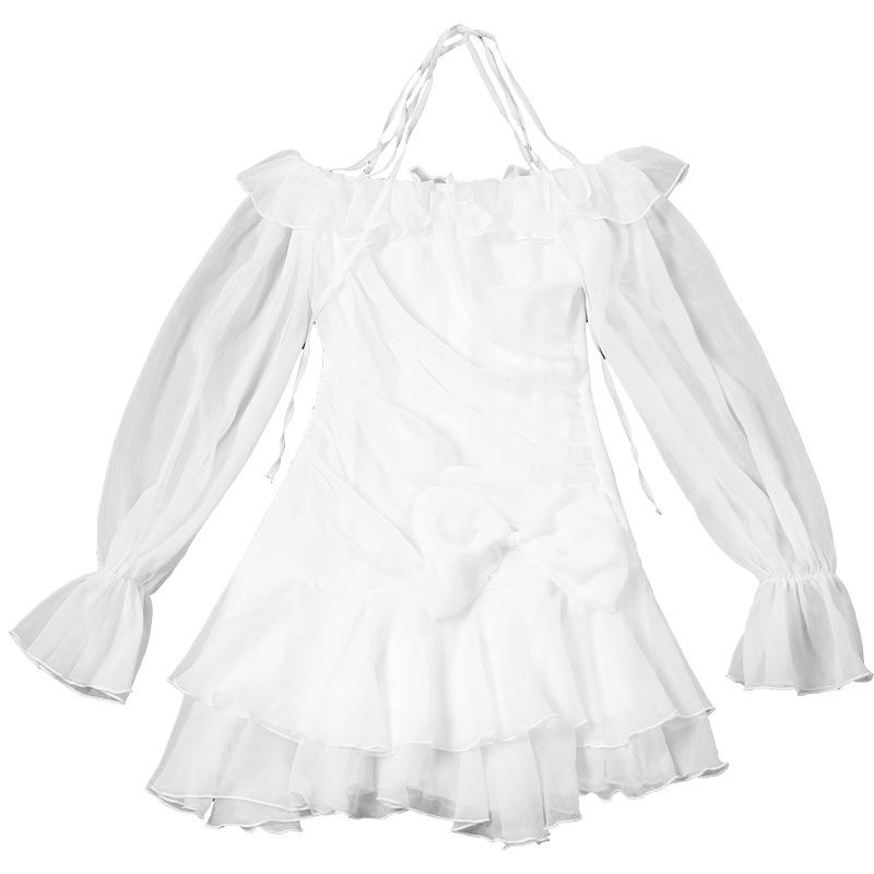Halter off shoulder chiffon bowknot ruffle mini dress