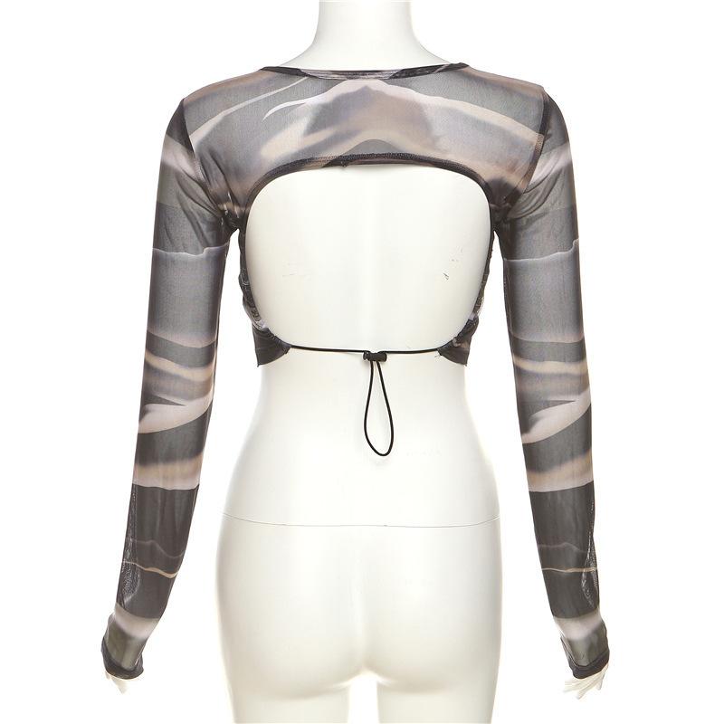 Long sleeve crewneck mesh backless crop top