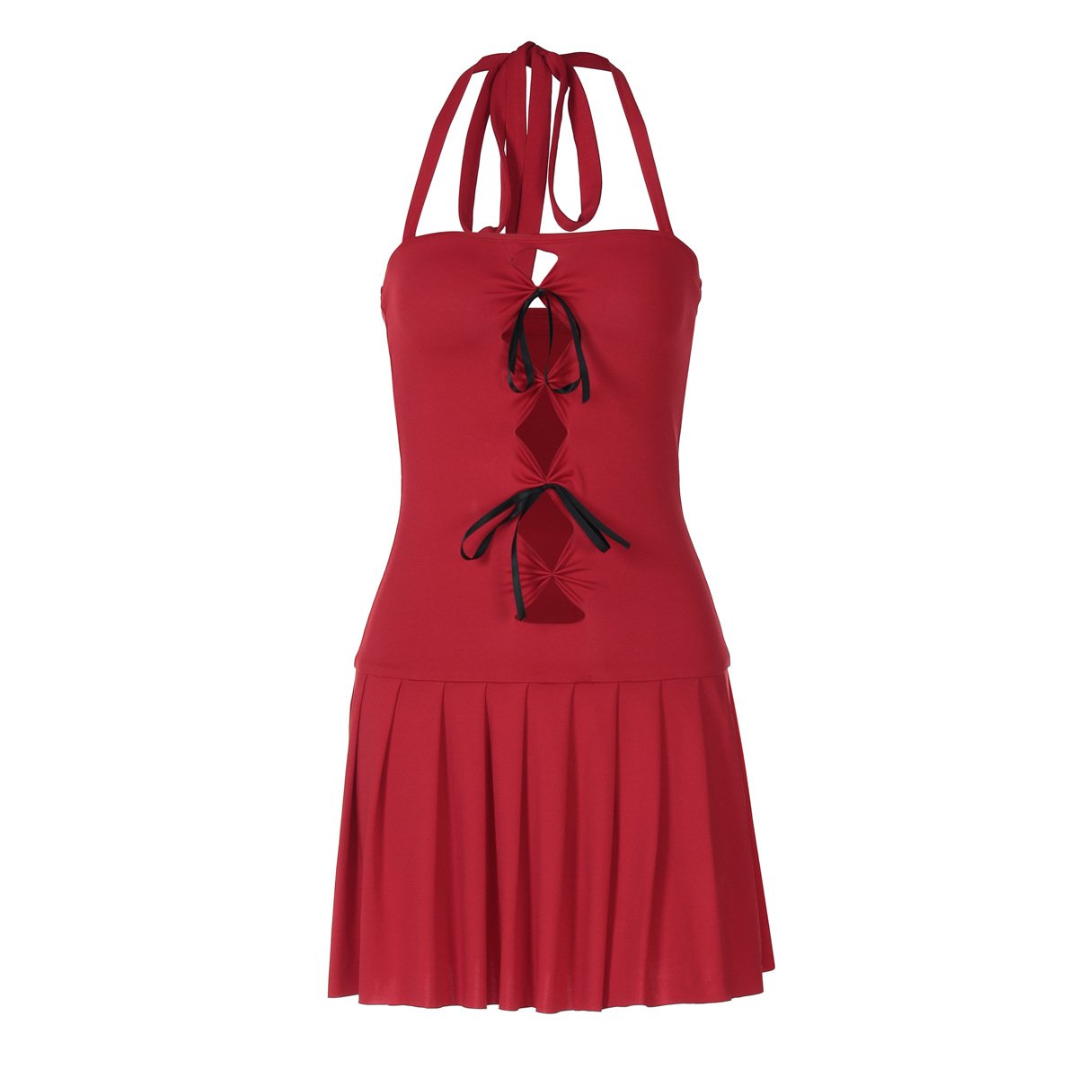 Halter bowknot ruched hollow out mini dress
